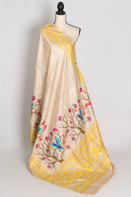 Srija : Beige and Yellow Hand Embroidered Kantha Stitch Pure Gachi Tussar Saree image 1