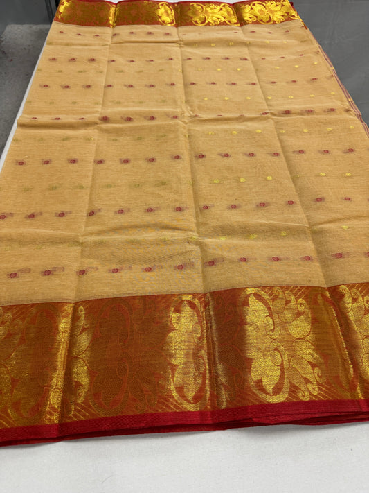 Beige and Red Tant saree — front view