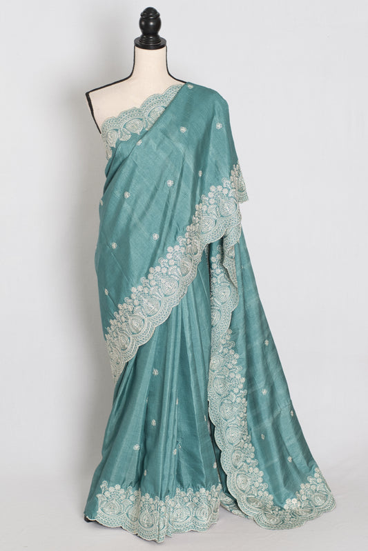 Mitul | Pastel Blue Semi Tussar Silk Saree | Lightweight & Budget-Friendly image 0