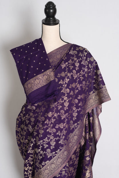 Afrin: Purple and Gold Semi Georgette Jaal Banarasi Saree image 2