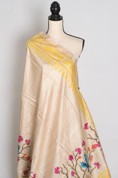 Srija : Beige and Yellow Hand Embroidered Kantha Stitch Pure Gachi Tussar Saree image 3