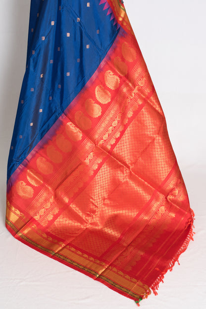 Pooja: Deep Peacock Blue Handloom Gadwal Pure Silk Saree with Red & Gold Zari image 3