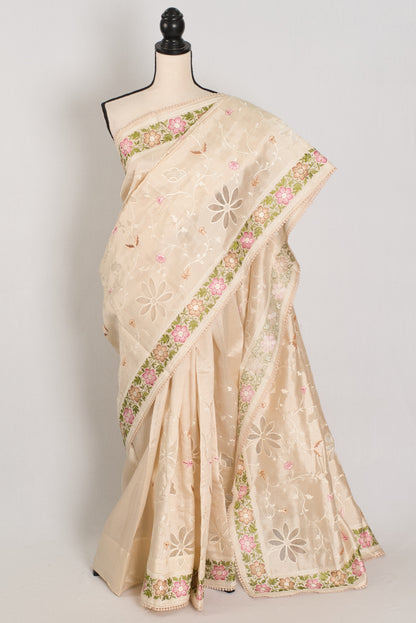 Shreya: Cream Semi Tussar Silk Saree with Multi-Color Cut Work Embroidery image 0