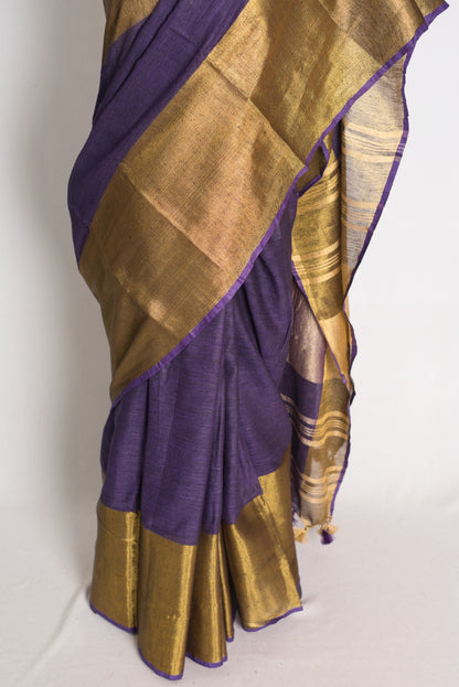 Sreya : Royal Purple Pure Linen Saree with Wide Antique Gold Zari Border image 6