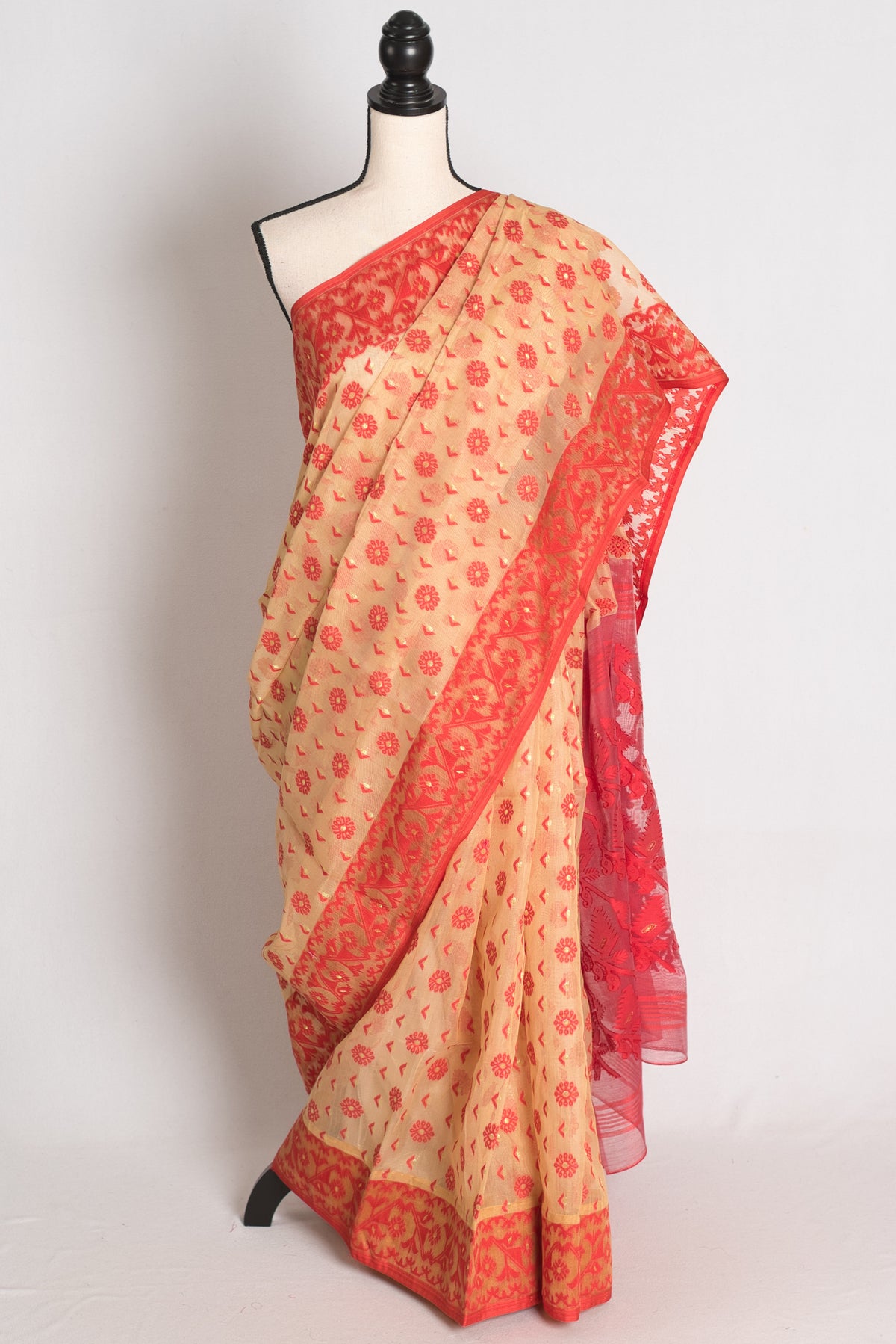 Tithi : Beige and Red Soft Cotton Blend Bengal Jamdani Saree image 0