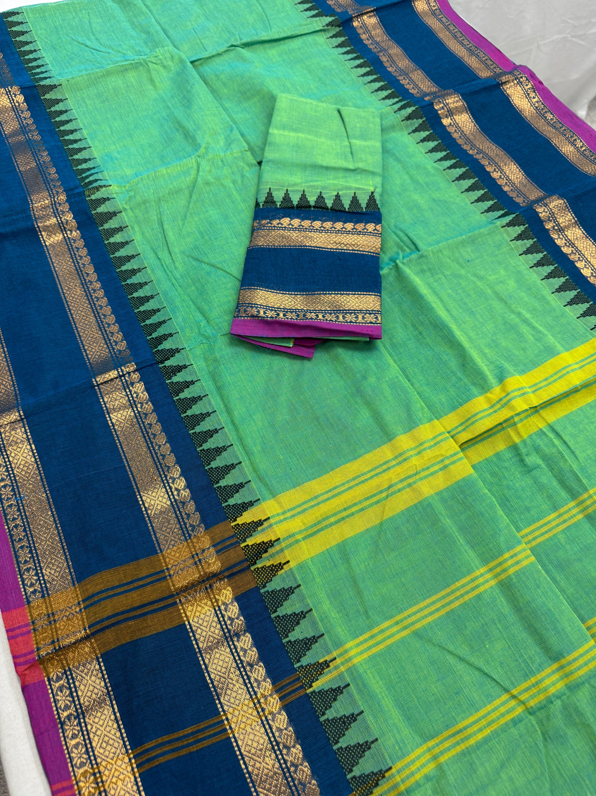 Priya : Green and Blue Kanchi Cotton Saree - Handwoven South Indian Elegance image 0