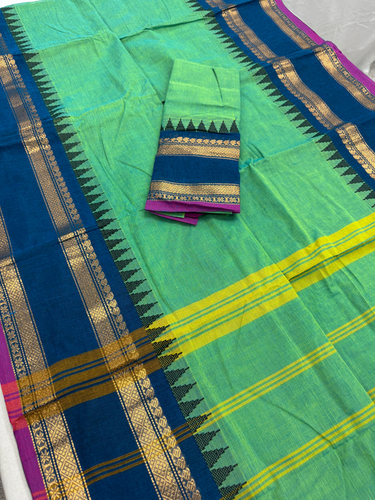 Priya : Green and Blue Kanchi Cotton Saree - Handwoven South Indian Elegance image 0