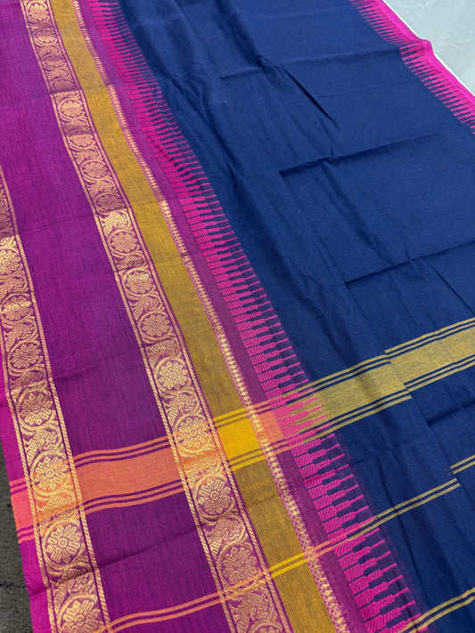 Meera : Handwoven Blue Cotton Kanjivaram Saree with Magenta Border image 0