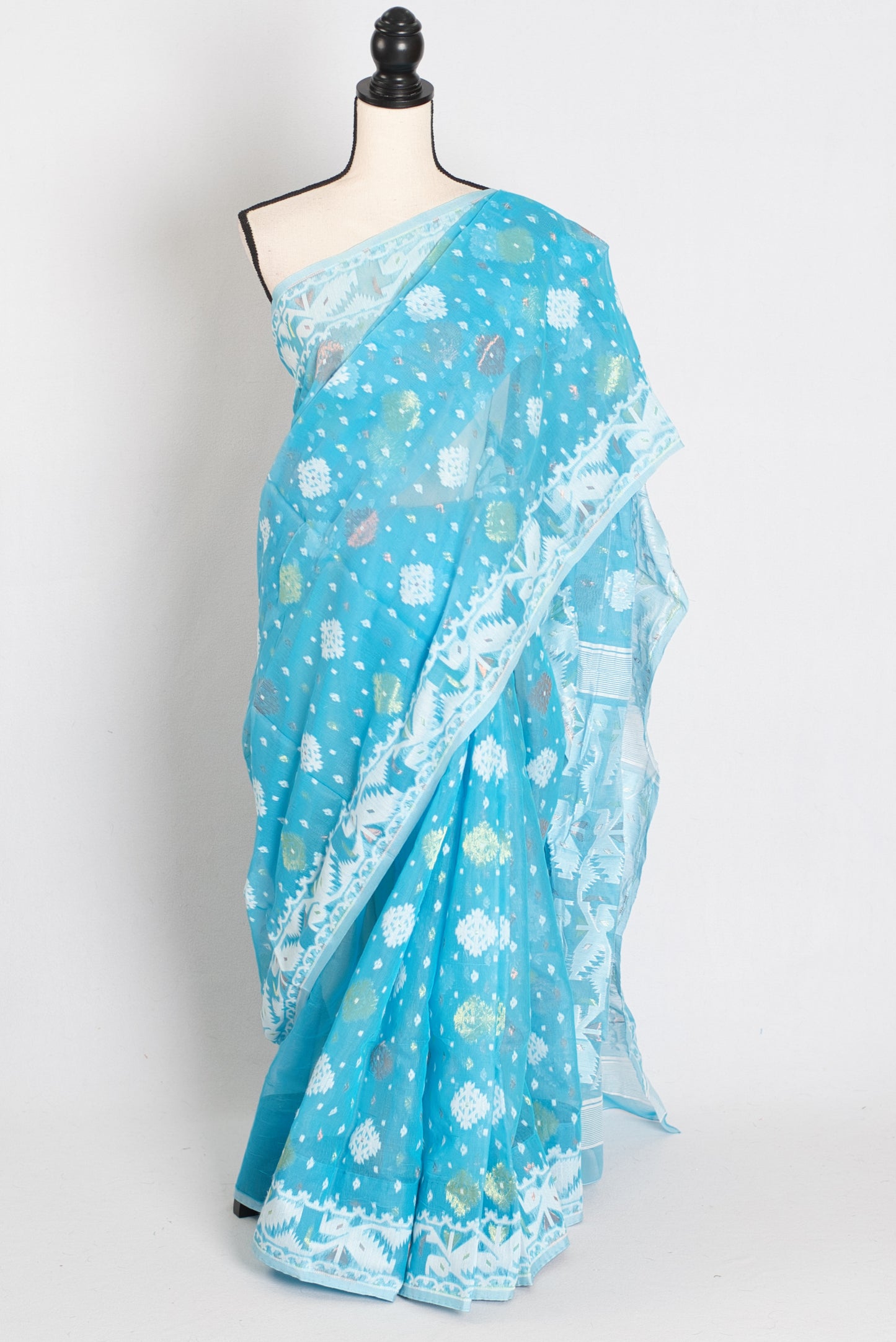 Nila : Sky Blue and White Blended Soft Cotton Jamdani Bengali Saree image 0