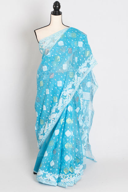 Nila : Sky Blue and White Blended Soft Cotton Jamdani Bengali Saree image 0