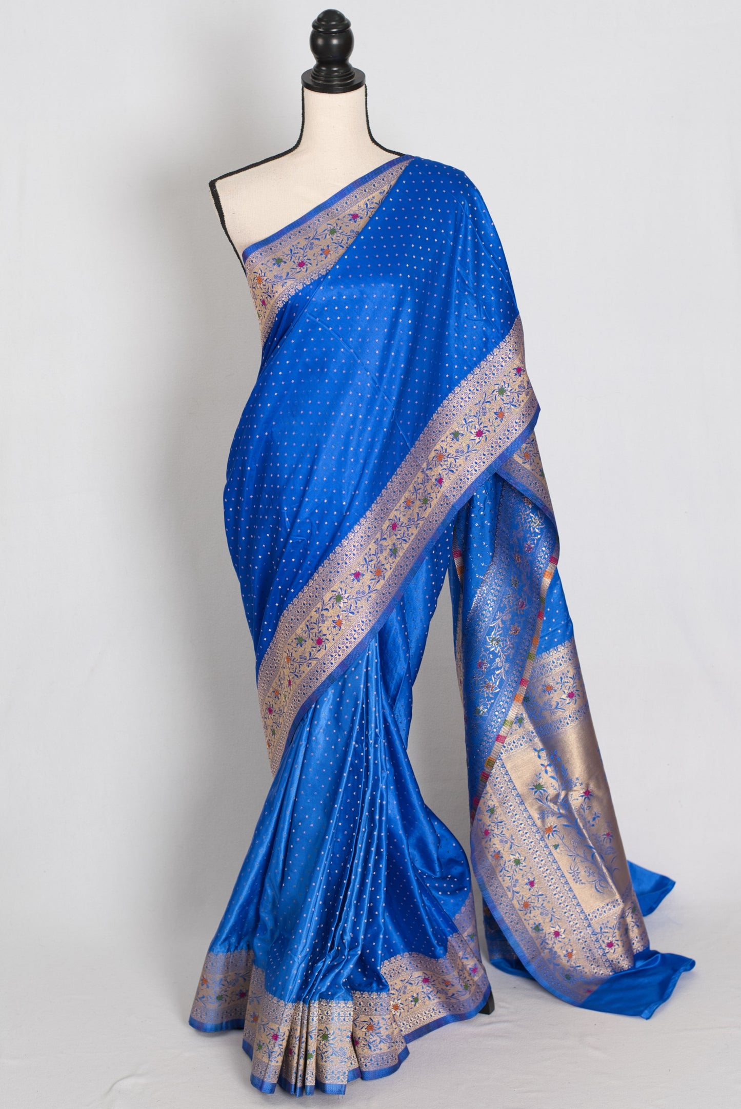 Nila | Blue Semi Mashru Banarasi Saree | Pre-Stitched Size 42 Brocade Blouse image 0