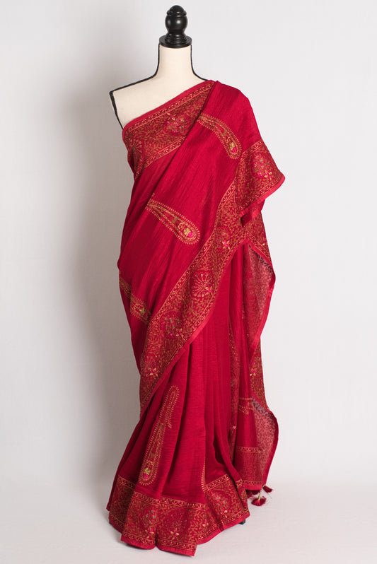 Raktima - Lightweight Kashmiri Embroidery Saree in Red image 0