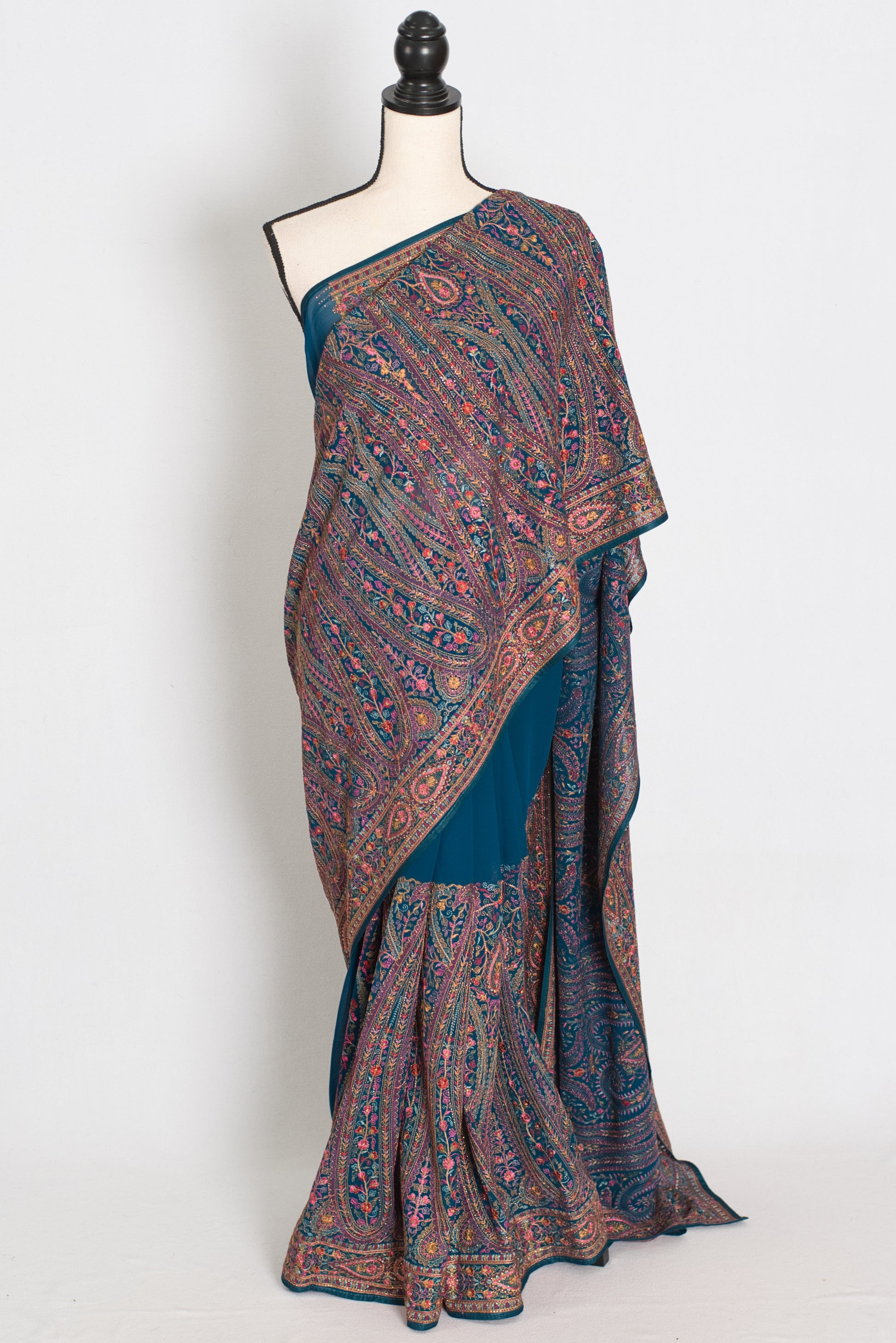 Mira | Cobalt Blue Georgette Saree | All-Over Multicolor Kashmiri Embroidery image 0