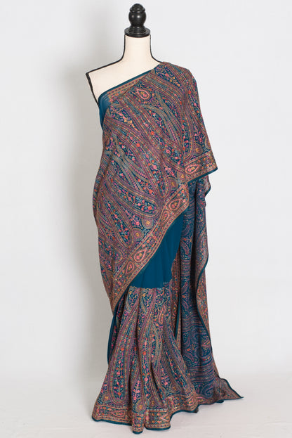 Mira | Cobalt Blue Georgette Saree | All-Over Multicolor Kashmiri Embroidery image 0