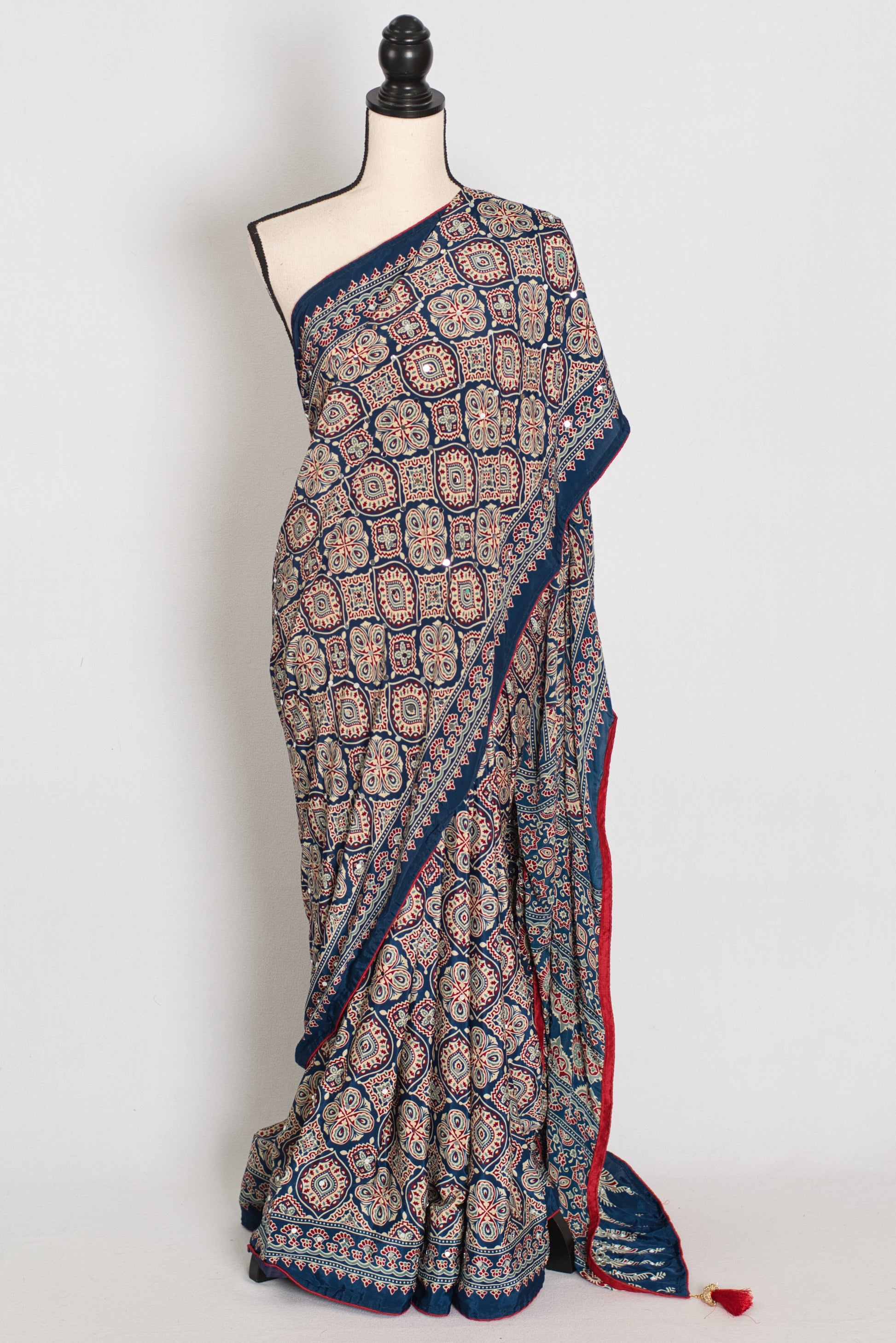 Jiya | Indigo Blue Ajrakh Printed Saree | Mirror Work Semi Modal Silk image 0