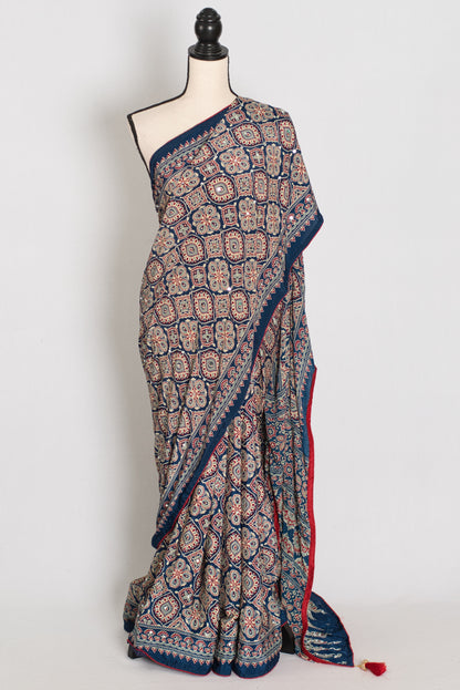 Jiya | Indigo Blue Ajrakh Printed Saree | Mirror Work Semi Modal Silk image 0