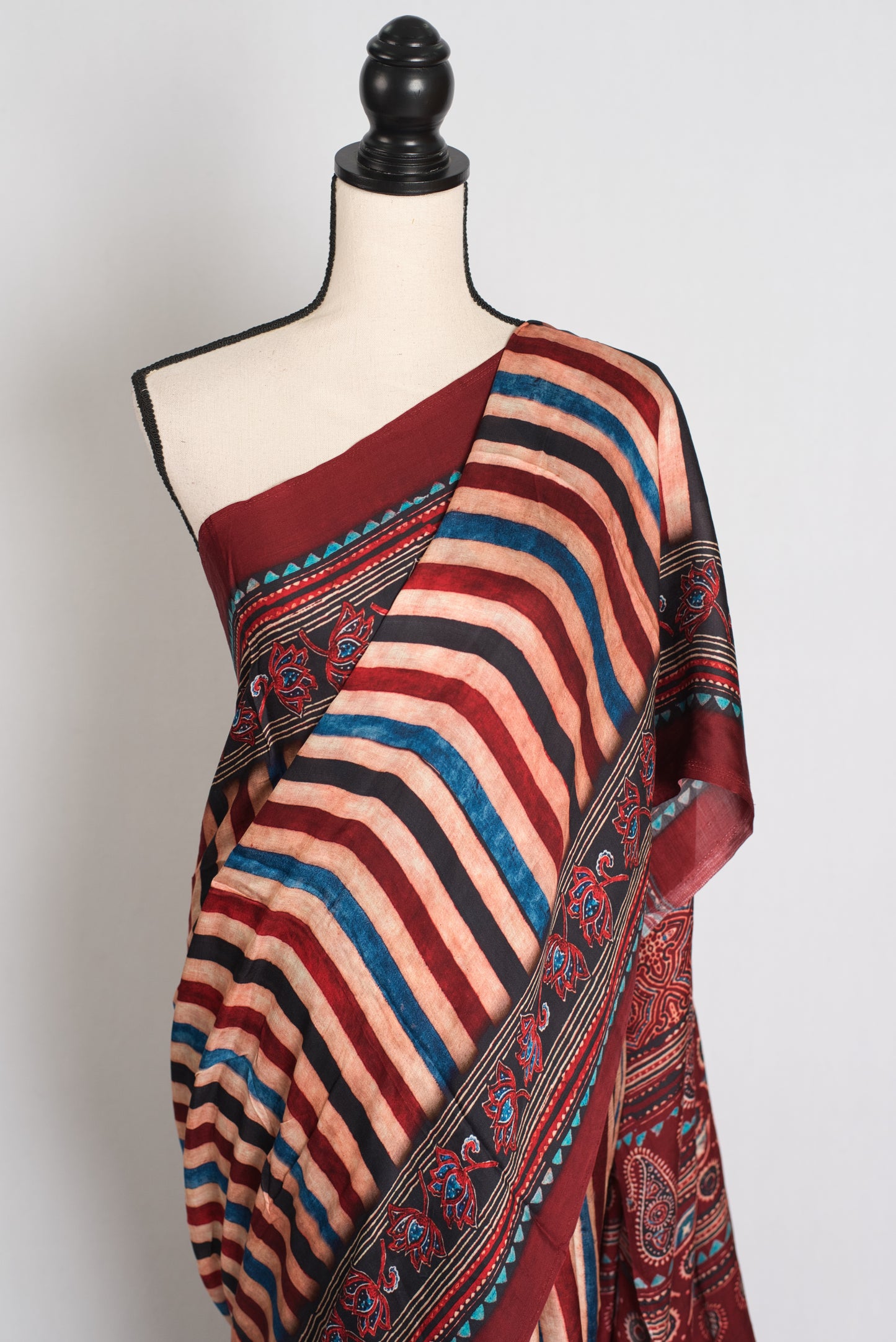 Soraya : Maroon Modal Silk Ajrakh Saree with Multi-Color Vertical Stripes image 5