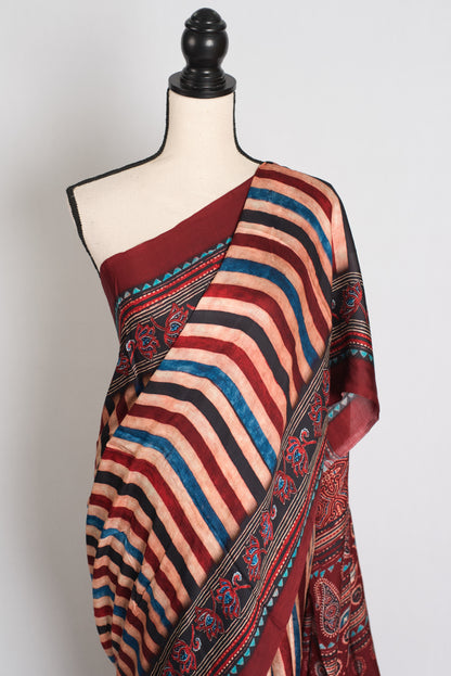 Soraya : Maroon Modal Silk Ajrakh Saree with Multi-Color Vertical Stripes image 5