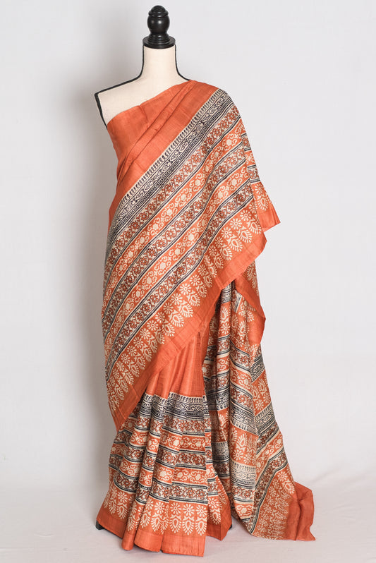 Indu : Orange Block Printed Pure Tussar Silk Saree with 38 Size Blouse image 0