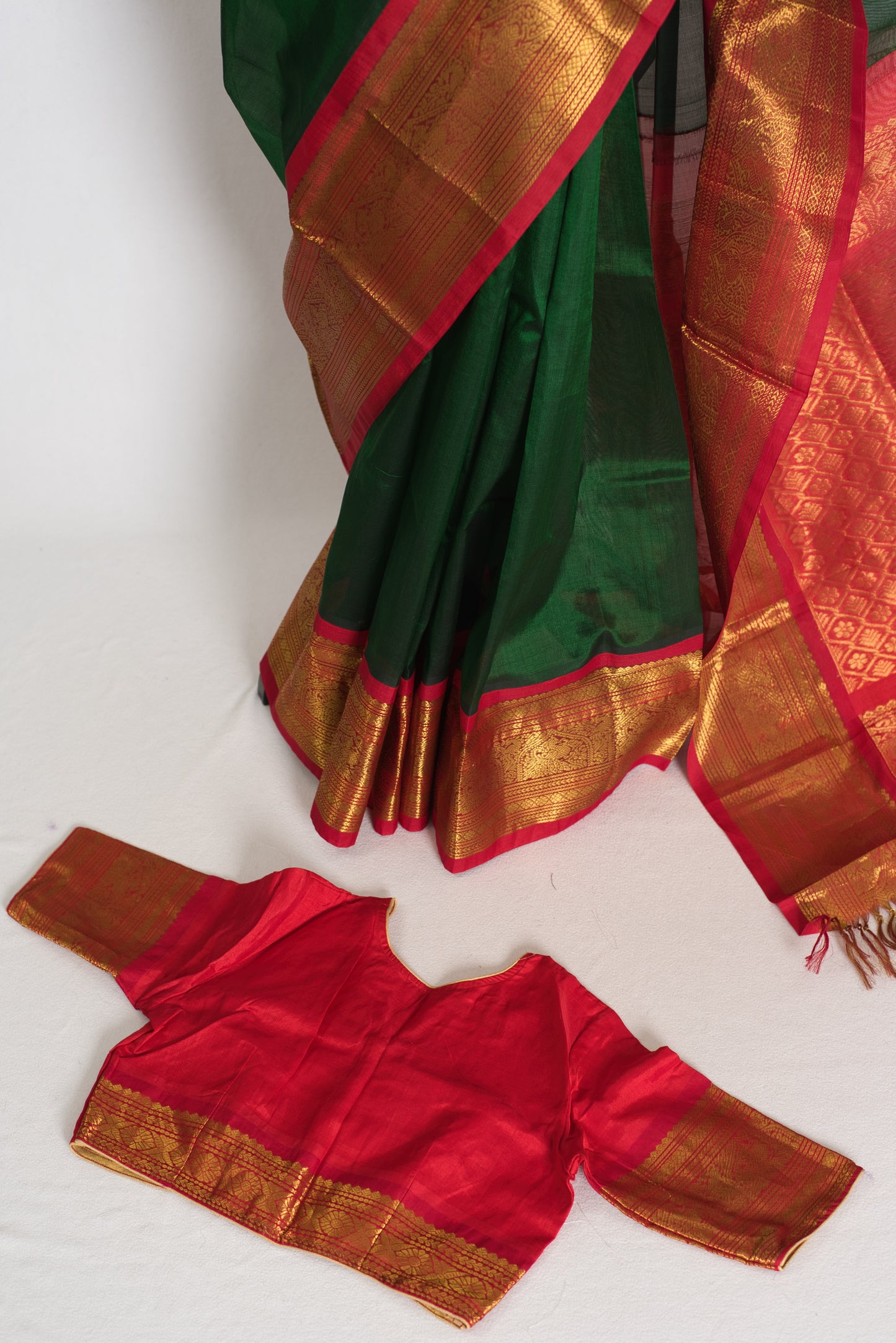 Latha : Bottle Green and Red Cotton Silk Kanjivaram Saree with 36 Size Blouse image 2