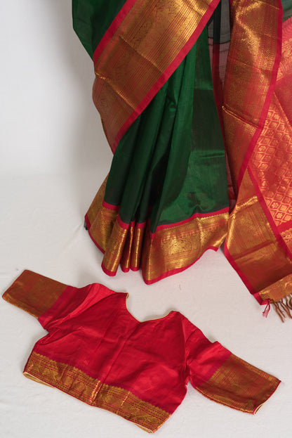 Latha : Bottle Green and Red Cotton Silk Kanjivaram Saree with 36 Size Blouse image 2