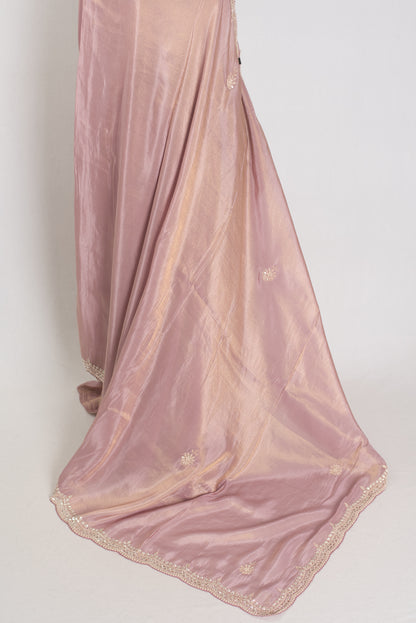 Noor | Soft Tissue Pastel Mauve Designer Saree with Handwork Pearl Border image 3