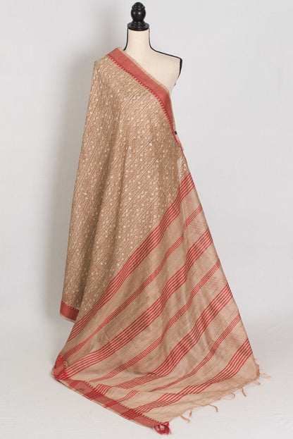 Dhriti : Beige & Red Machine Embroidery Kantha Saree | Traditional Bengali Look - Saree Mandi