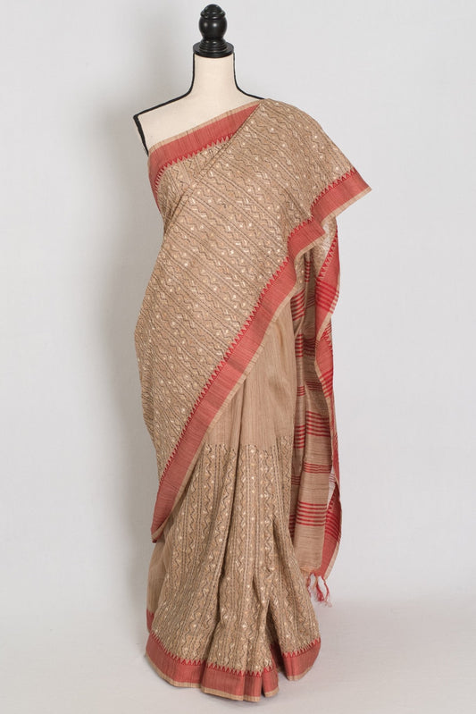 Dhriti : Beige & Red Machine Embroidery Kantha Saree | Traditional Bengali Look - Saree Mandi