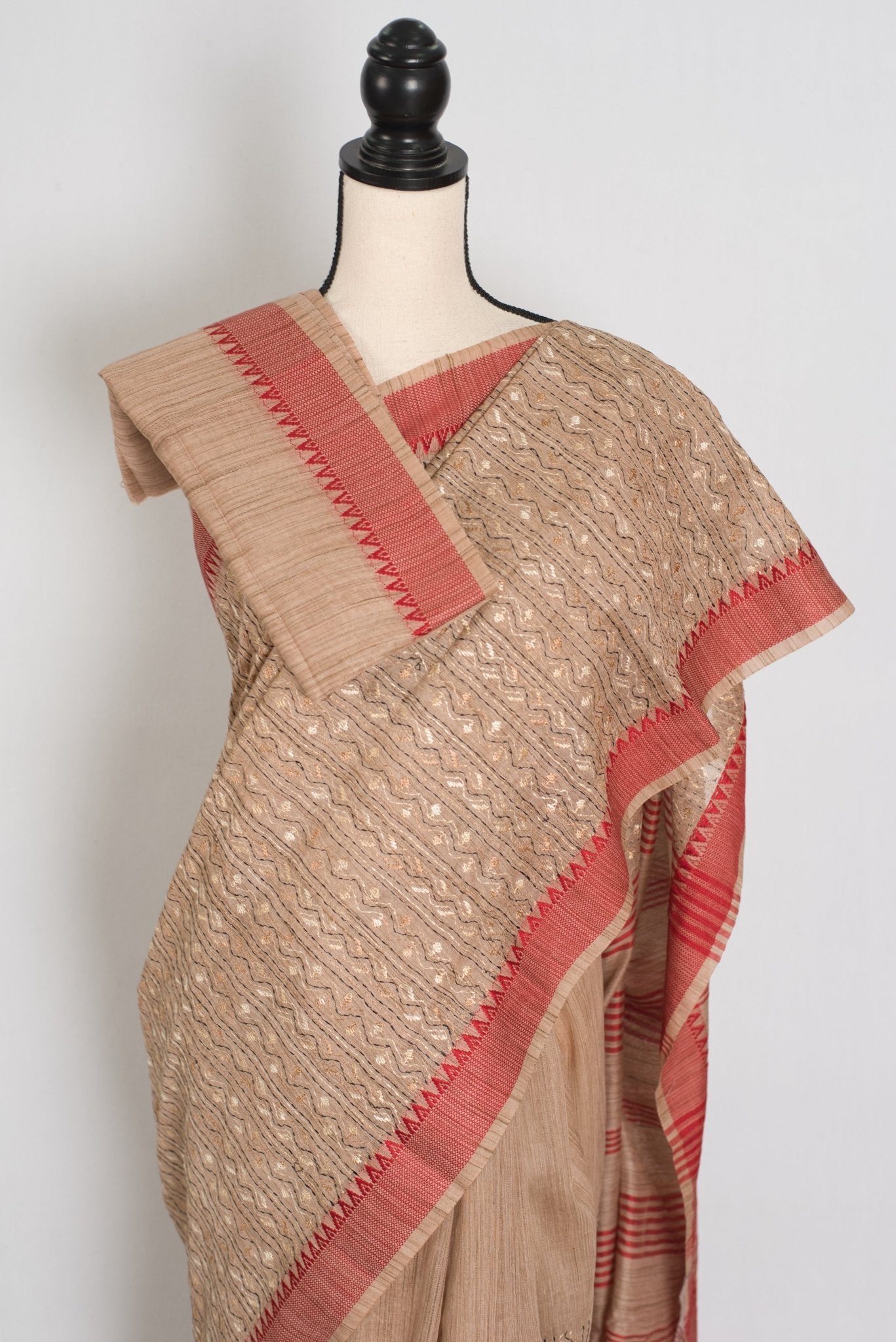 Dhriti : Beige & Red Machine Embroidery Kantha Saree | Traditional Bengali Look - Saree Mandi