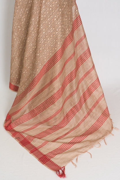 Dhriti : Beige & Red Machine Embroidery Kantha Saree | Traditional Bengali Look - Saree Mandi