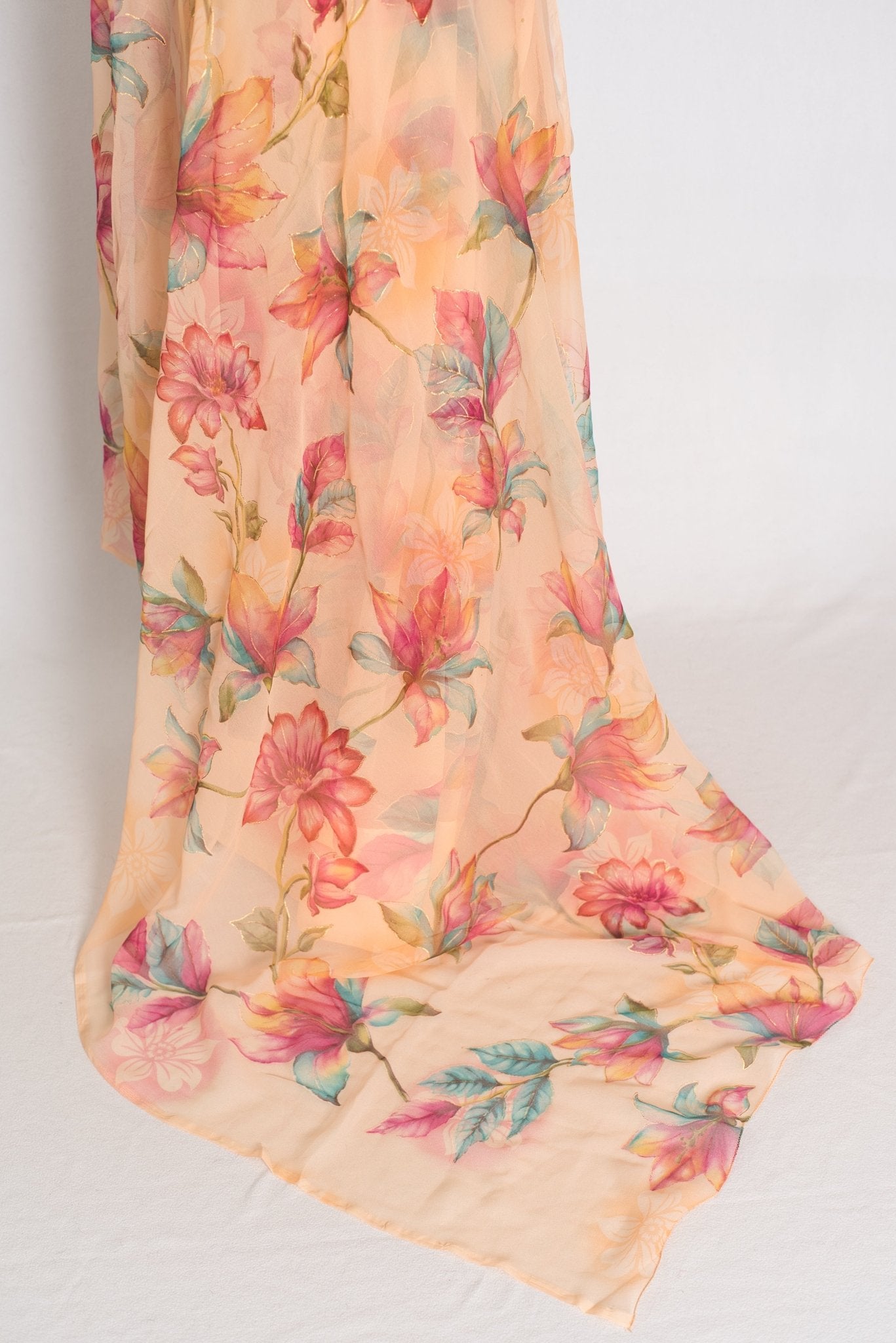 Diya : Soft Peach Floral Printed Chiffon Saree - Budget-Friendly Summer Drape - Saree Mandi