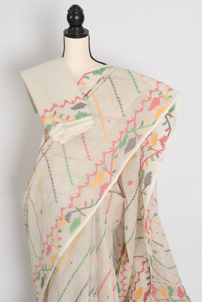 Durga: Cement White Bengal Cotton Jamdani Saree with Blouse - Saree Mandi