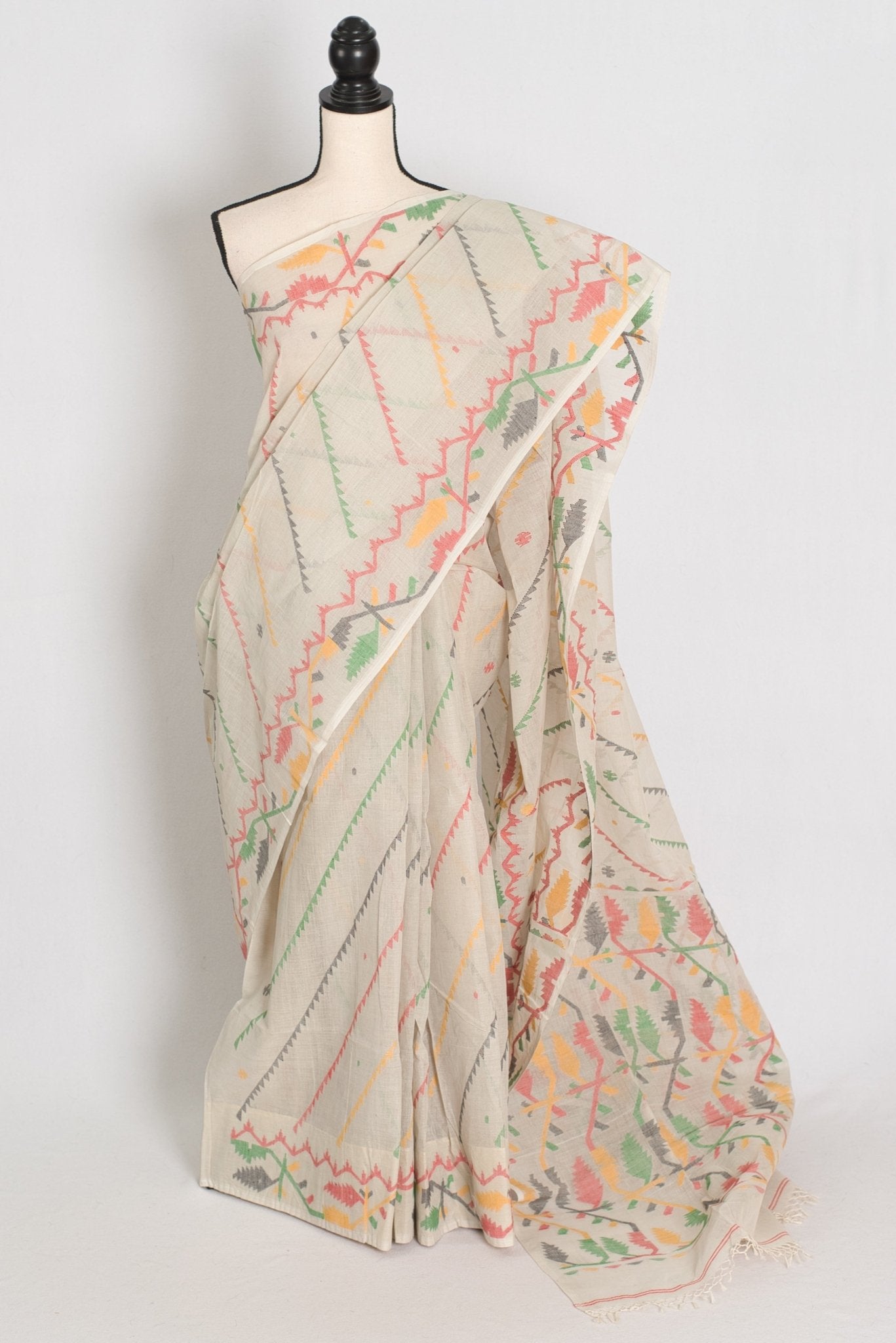 Durga: Cement White Bengal Cotton Jamdani Saree with Blouse - Saree Mandi