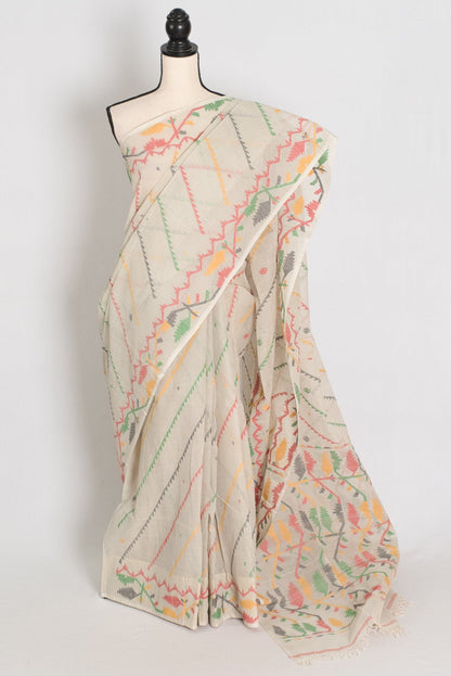Durga: Cement White Bengal Cotton Jamdani Saree with Blouse - Saree Mandi