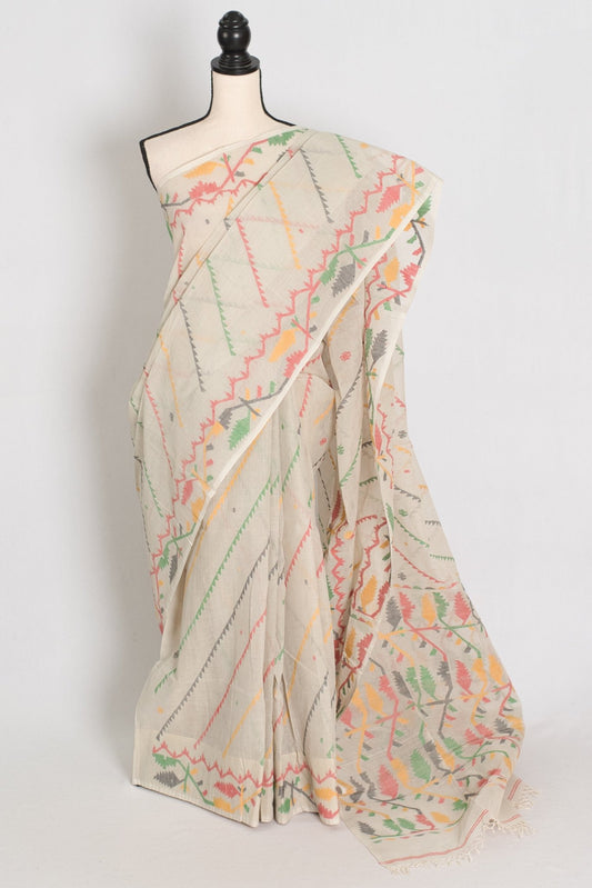 Durga: Cement White Bengal Cotton Jamdani Saree with Blouse - Saree Mandi