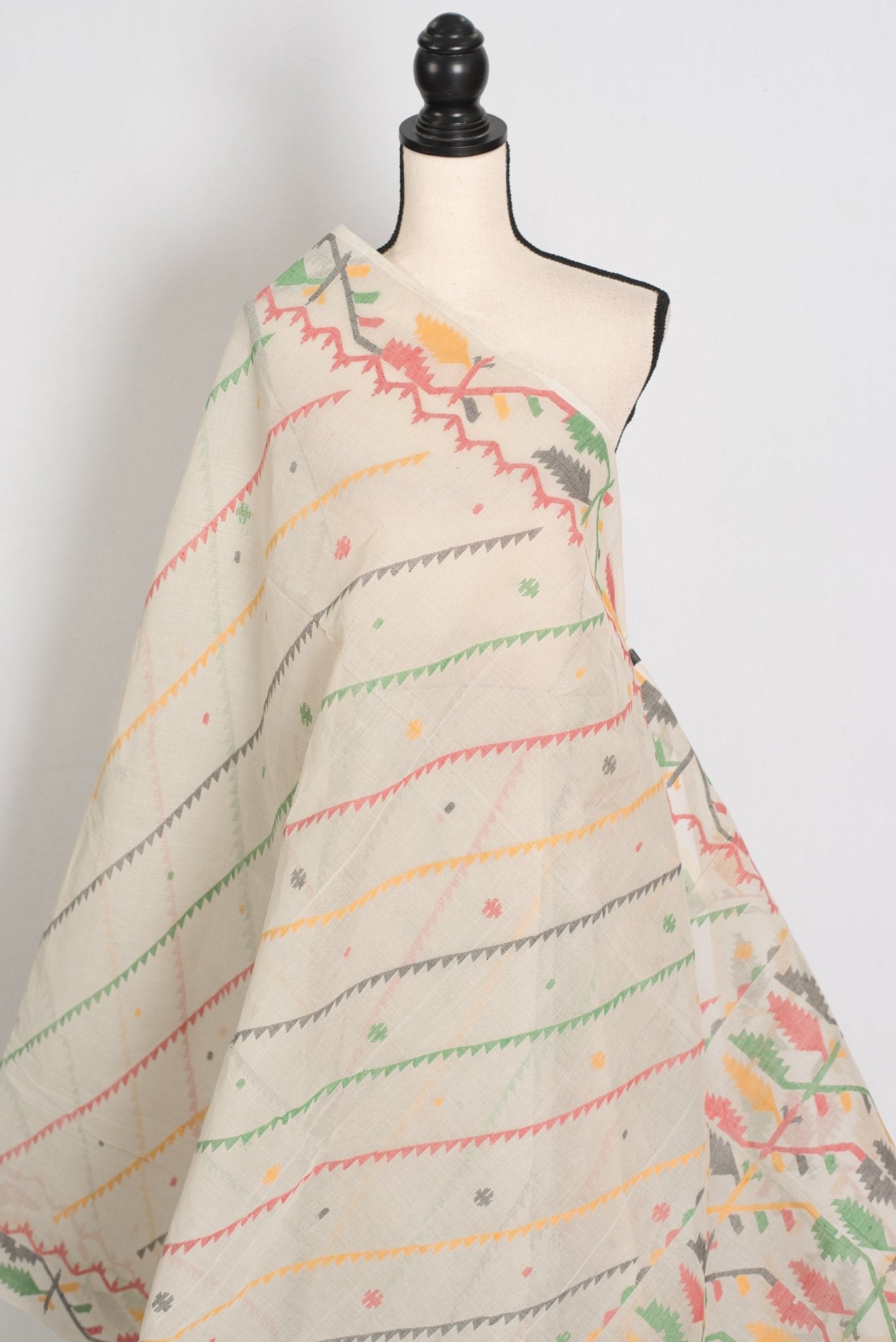 Durga: Cement White Bengal Cotton Jamdani Saree with Blouse - Saree Mandi
