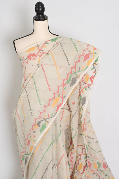 Durga: Cement White Bengal Cotton Jamdani Saree with Blouse - Saree Mandi
