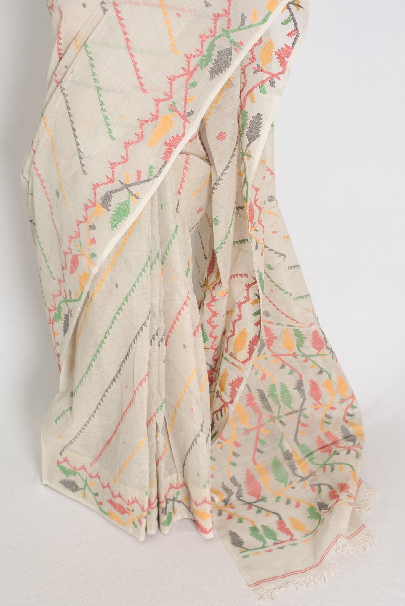 Durga: Cement White Bengal Cotton Jamdani Saree with Blouse - Saree Mandi