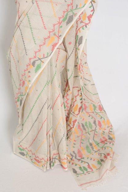 Durga: Cement White Bengal Cotton Jamdani Saree with Blouse - Saree Mandi