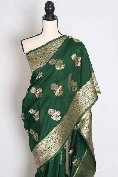 Durga : Dark Green Semi Crepe Banarasi Saree with Water Gold Zari - Saree Mandi