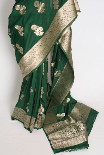 Durga : Dark Green Semi Crepe Banarasi Saree with Water Gold Zari - Saree Mandi