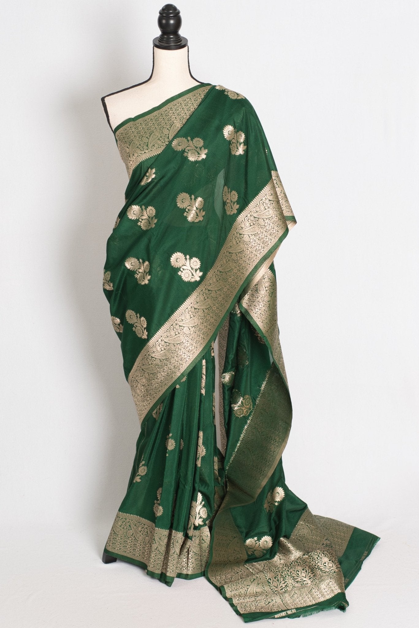 Durga : Dark Green Semi Crepe Banarasi Saree with Water Gold Zari - Saree Mandi