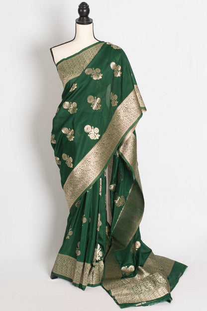 Durga : Dark Green Semi Crepe Banarasi Saree with Water Gold Zari - Saree Mandi
