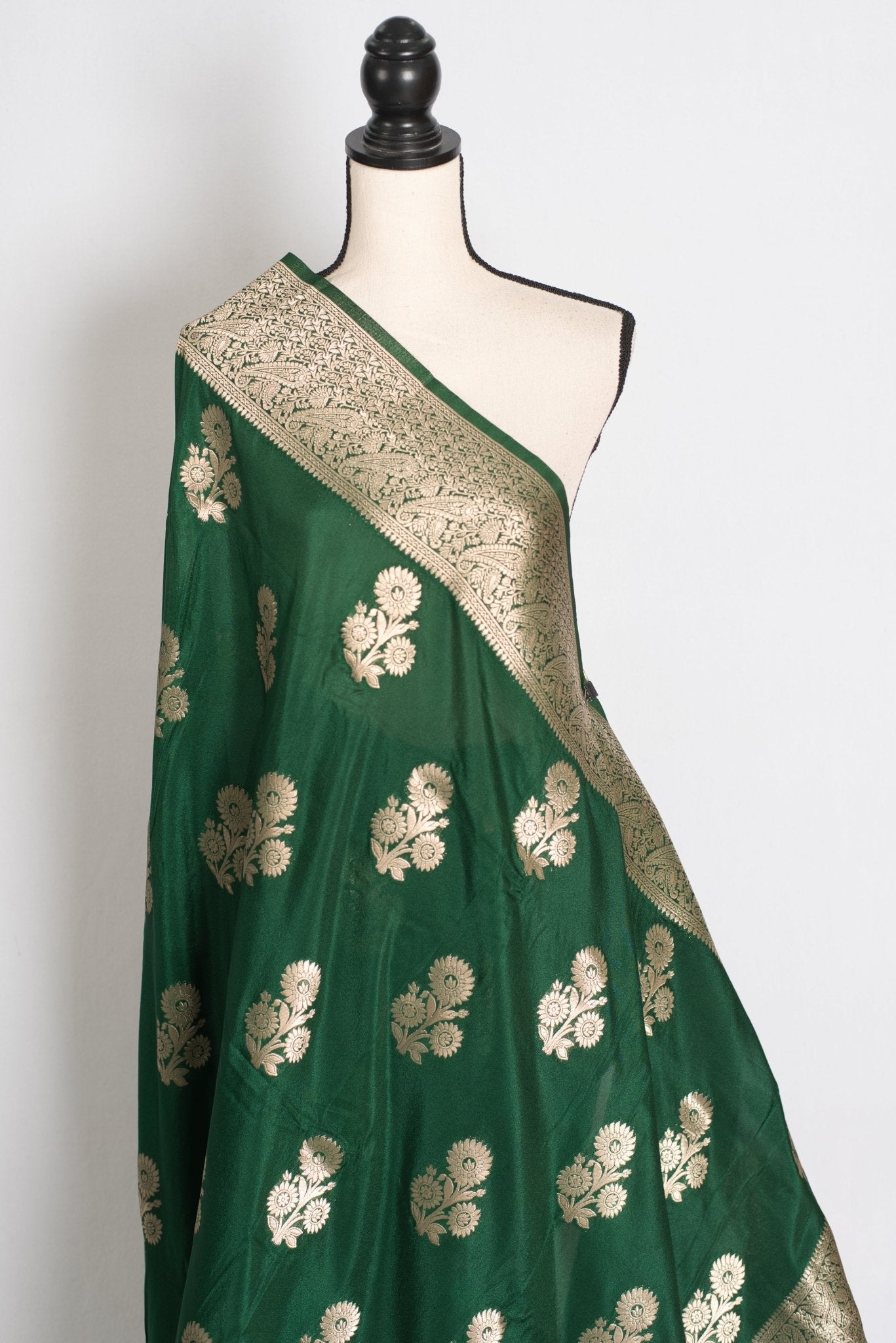 Durga : Dark Green Semi Crepe Banarasi Saree with Water Gold Zari - Saree Mandi