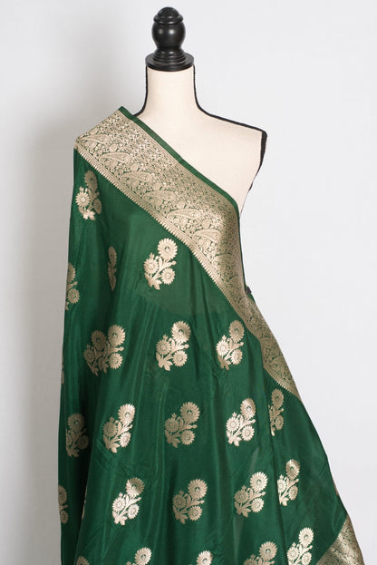 Durga : Dark Green Semi Crepe Banarasi Saree with Water Gold Zari - Saree Mandi
