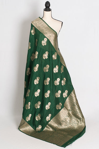 Durga : Dark Green Semi Crepe Banarasi Saree with Water Gold Zari - Saree Mandi