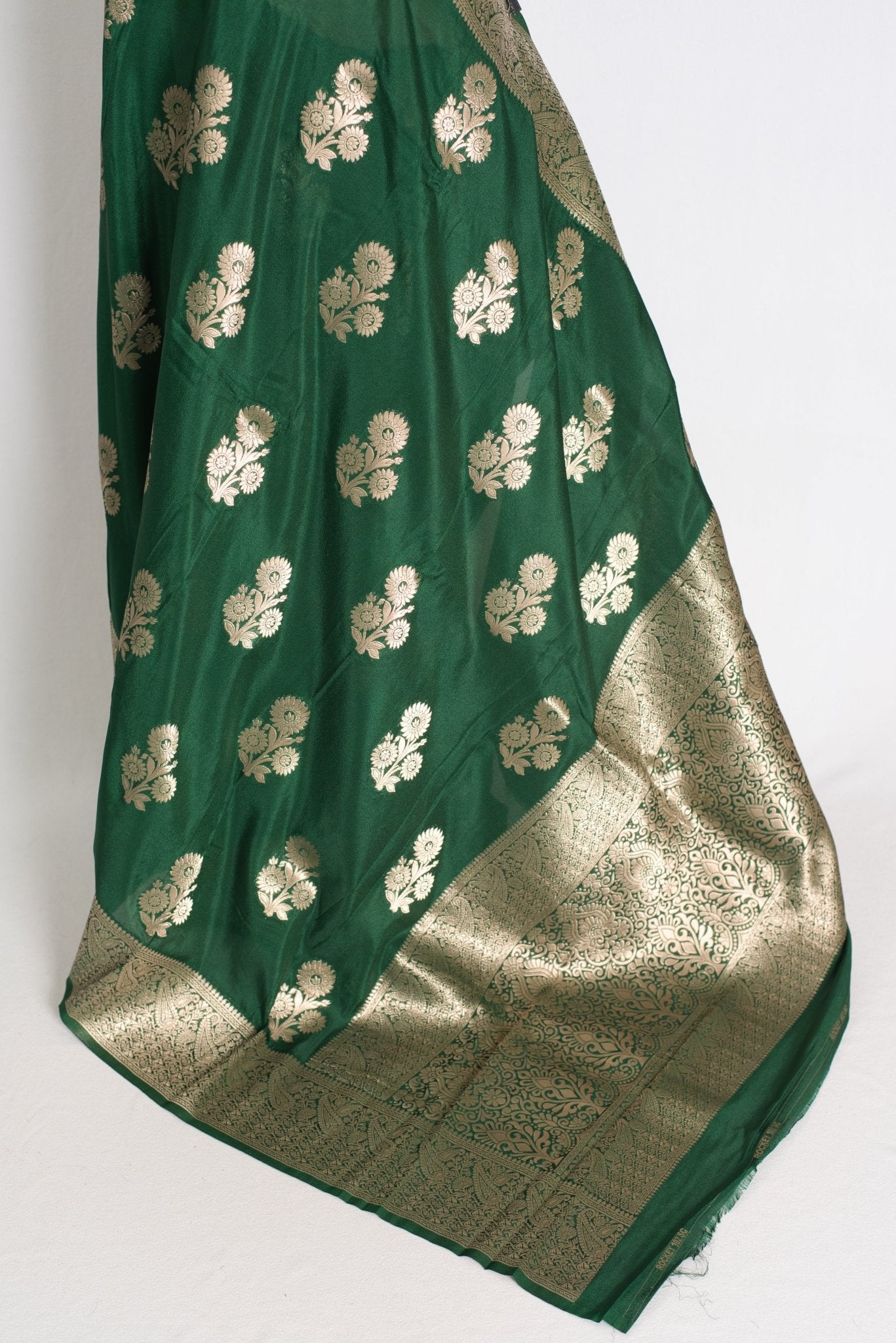 Durga : Dark Green Semi Crepe Banarasi Saree with Water Gold Zari - Saree Mandi