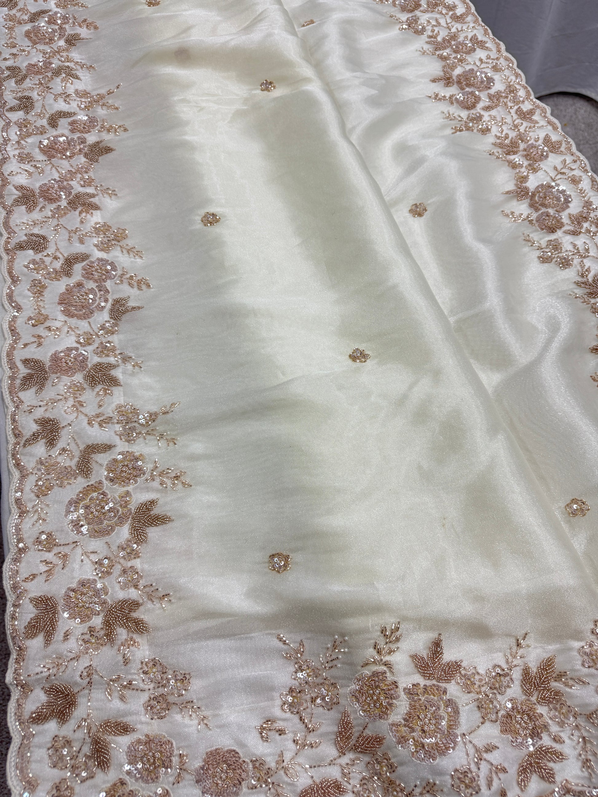 Reeva: Cream & Gold Hand Embroidered Tissue Saree | Wedding Wear image 5