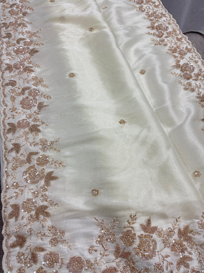 Reeva: Cream & Gold Hand Embroidered Tissue Saree | Wedding Wear image 5