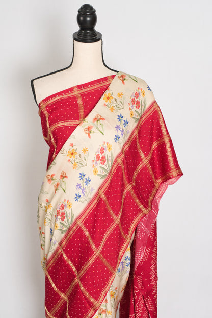Mehuli | Cream & Rosy Red Modal Silk Saree | Gharchola & Bandhani Print image 6